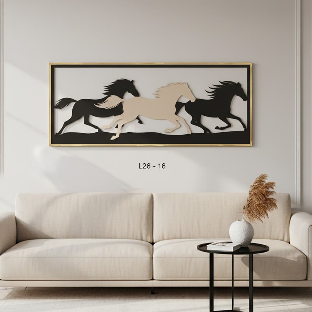 תבליט קיר דגם Cavallo שלושה סוסים רצים עץ שחור ובז' מודרני לסלון - נלה